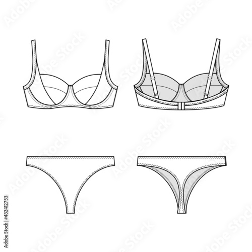 Fashion technical drawing of lingerie set. Bra and thong sketch