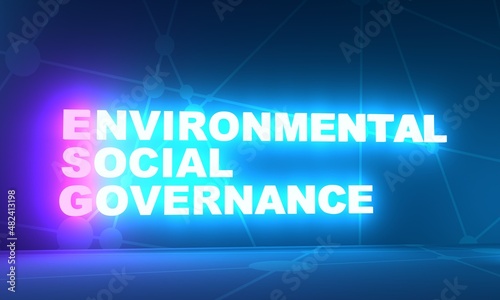 ESG - Environmental Social Governance acronym. Business investment analysis model. Socially responsible investing strategy. Neon shine text. 3D render