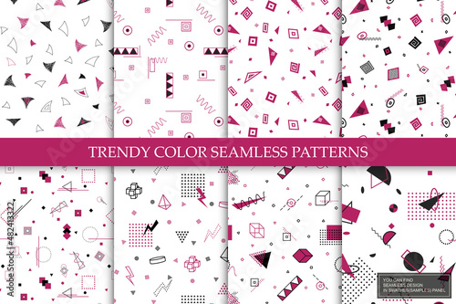 Collection of vector colorful seamless retro patterns with geometric shapes, fashion style 80 - 90s. Abstract trendy backgrounds