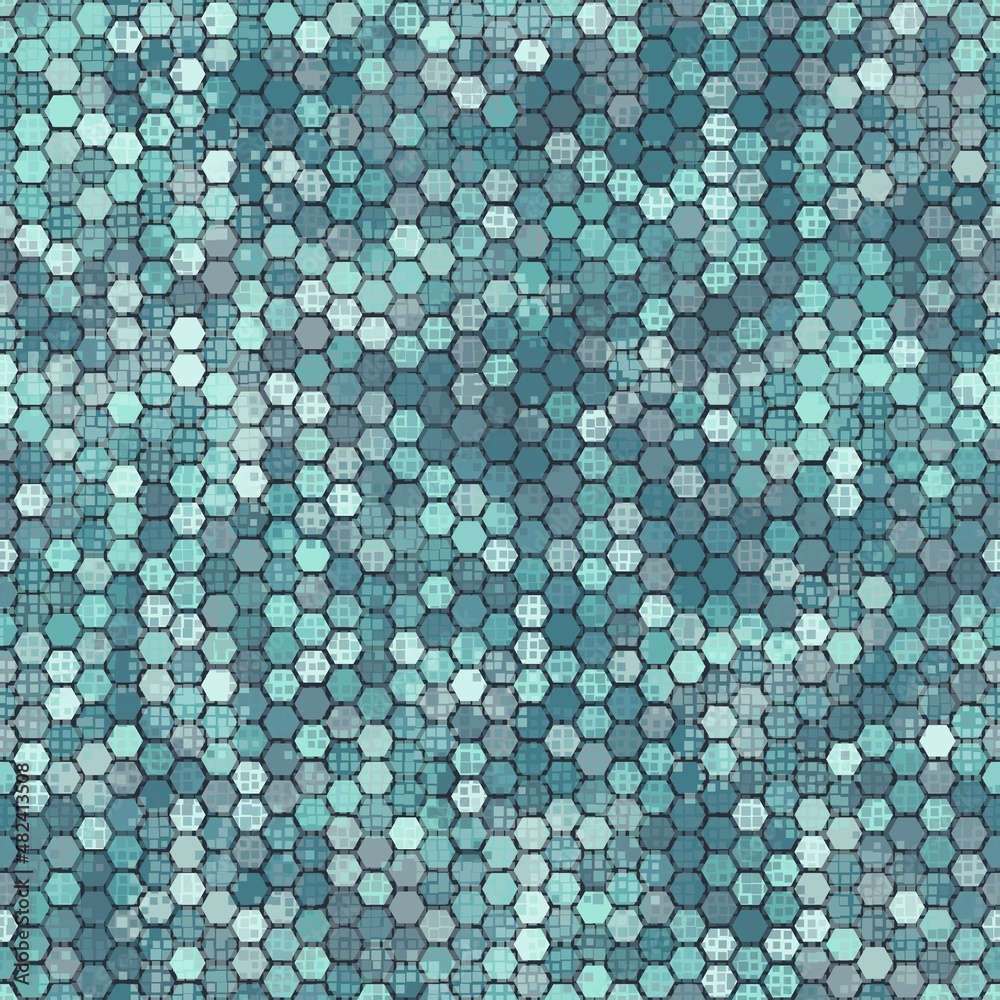Camouflage seamless pattern with arctic blue hexagonal endless geometric camo
