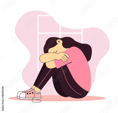 Illustraton of depression issue. Young girl have mental problems. Concept of kid's sorrow, alone and bad mood. Problems of teens