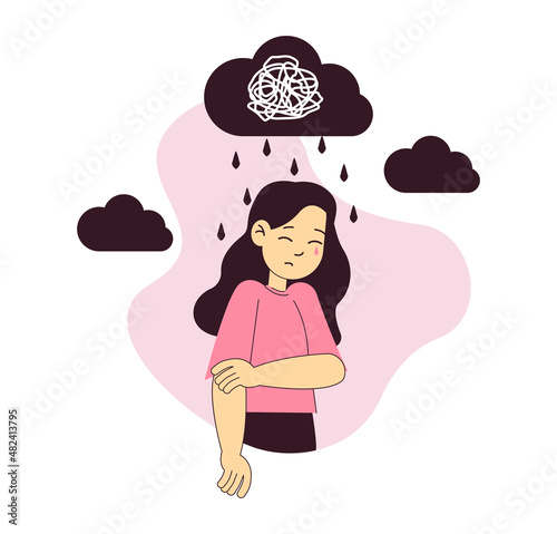 Illustraton of depression issue. Young girl have mental problems. Concept of kid's sorrow, alone and bad mood. Problems of teens