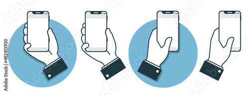 ensemble d'icônes représentant une main tenant un téléphone portable, un smartphone. Illustration en flat design, isolée sur fond blanc. photo