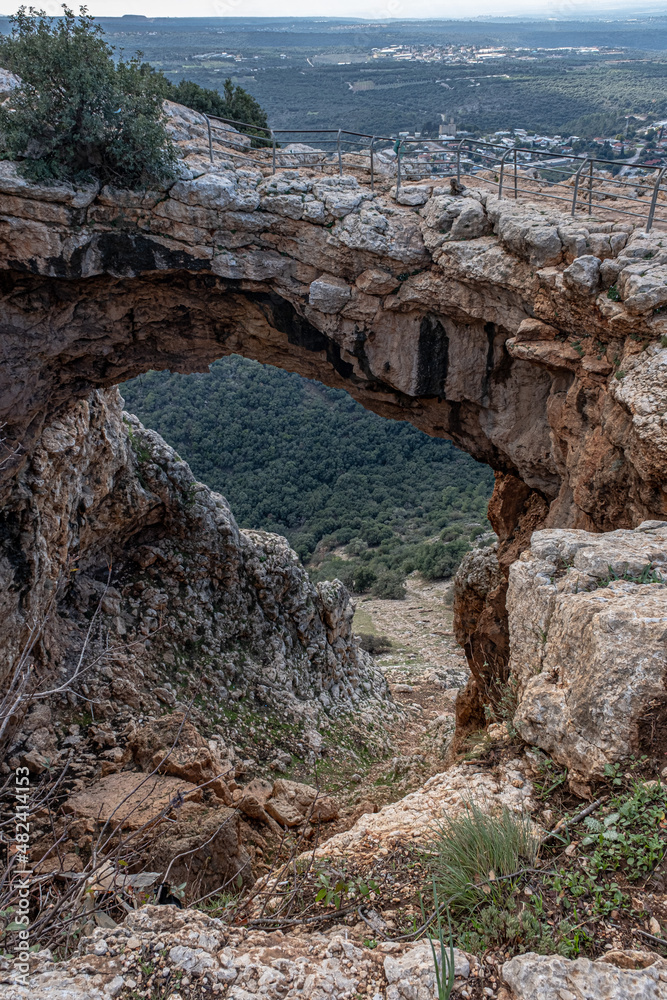 Top view of the famous Keshet [Arch] Cave, located in Adamit Park in Betzet Nature Reserve, Western Galilee, Northern Israel, Israel.