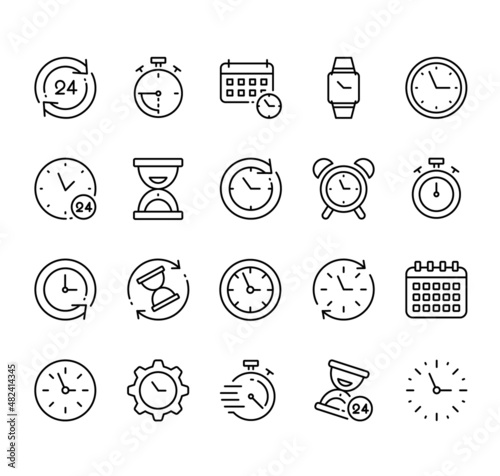 Set of time icons. Clock pictograms. Flat symbol for web. Watch line stroke. Isolated on white background. Vector date eps10
