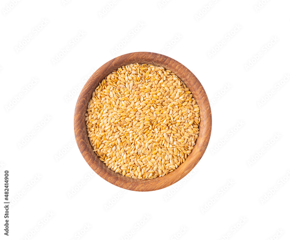 golden seeds of flax on white background. Top view. Seeds of flax in a bowl isolated on white background. Seeds of flax with copy space for text. golden seeds of flax on white background. Top view. Seeds of flax in a bowl isolated on white background. Seeds of flax with copy space for text.