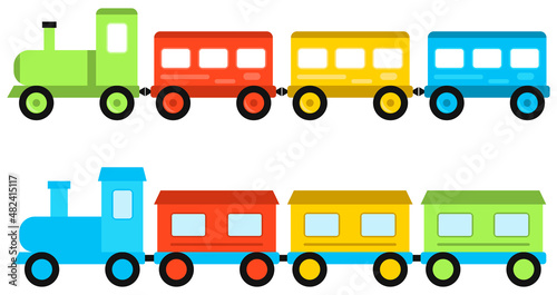 Toy steam locomotive. Children's toy locomotive with wagons. Vector illustration.