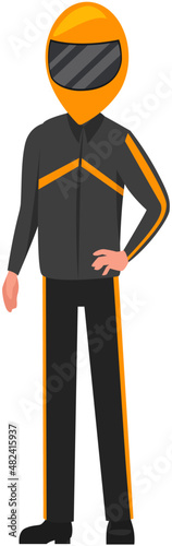 Man in helmet and protective suit. Brutal biker, bike driver, motorcyclist vector illustration. Cool biker, lover of extreme driving on transport. Male character riding motorbike, motorcycle stuntman