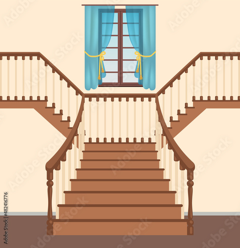 Stairs classical icon with banisters fence. Ladder, wooden staircase with handrail isolated on background. Ladder with steps, balusters and handrails. Staircase to second floor made of wood