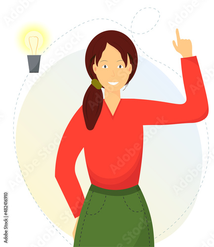 Happy woman thinking, creating ideas, coming up with insights and solutions, flat vector illustration