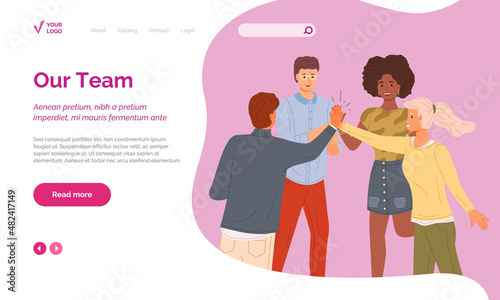 Join our team website template. Flat design recruiting and hiring web page. Young man and woman shaking hands concept for landing page. People giving high five, standing with hands together