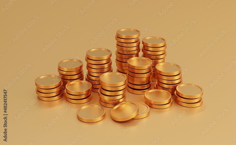 Stack of golden coins on golden background with earning profit concept. Gold coins or currency of business. 3D rendering. Stack of golden coins on golden background with earning profit concept. Gold coins or currency of business. 3D rendering.