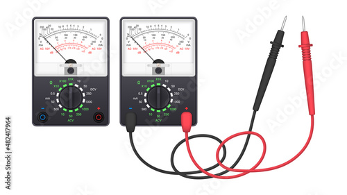 Realistic pointer multimeter with set of probes. Instrument for measuring voltage, current, resistance. Vector illustration. photo