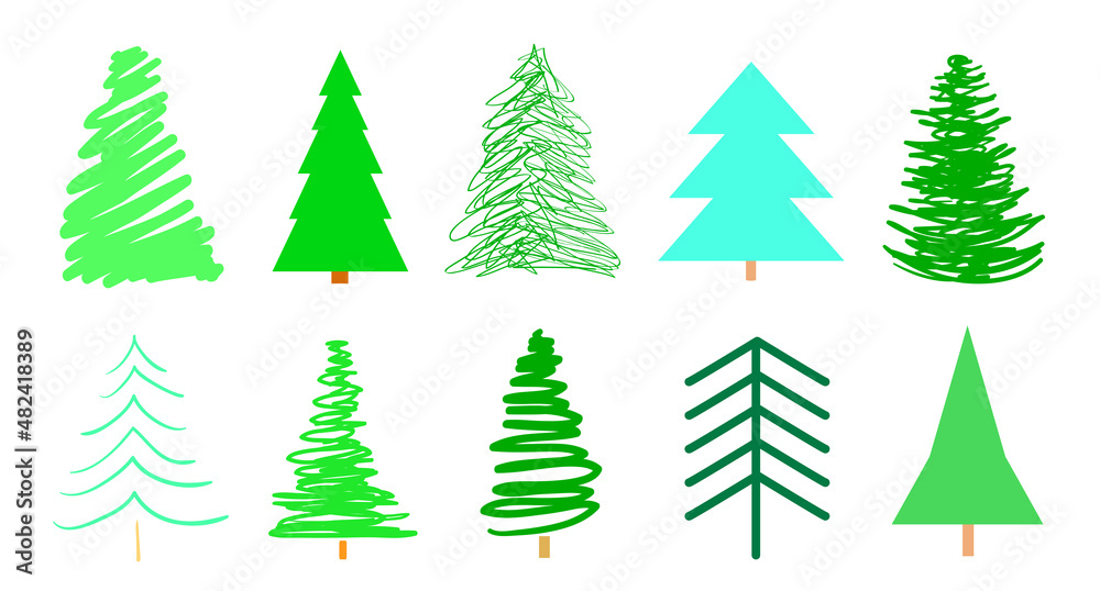 Colorful christmas trees on white. Set for icons on isolated background. Geometric art. Objects for polygraphy, posters, t-shirts and textiles