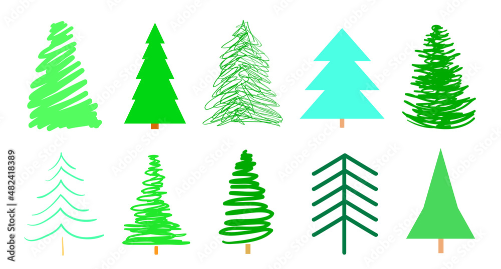 Obraz premium Colorful christmas trees on white. Set for icons on isolated background. Geometric art. Objects for polygraphy, posters, t-shirts and textiles
