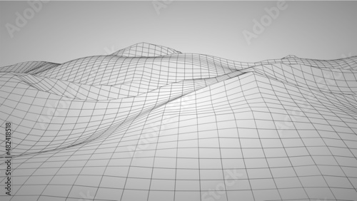 Rednered illustration of 3D terrain with wireframe mesh topology