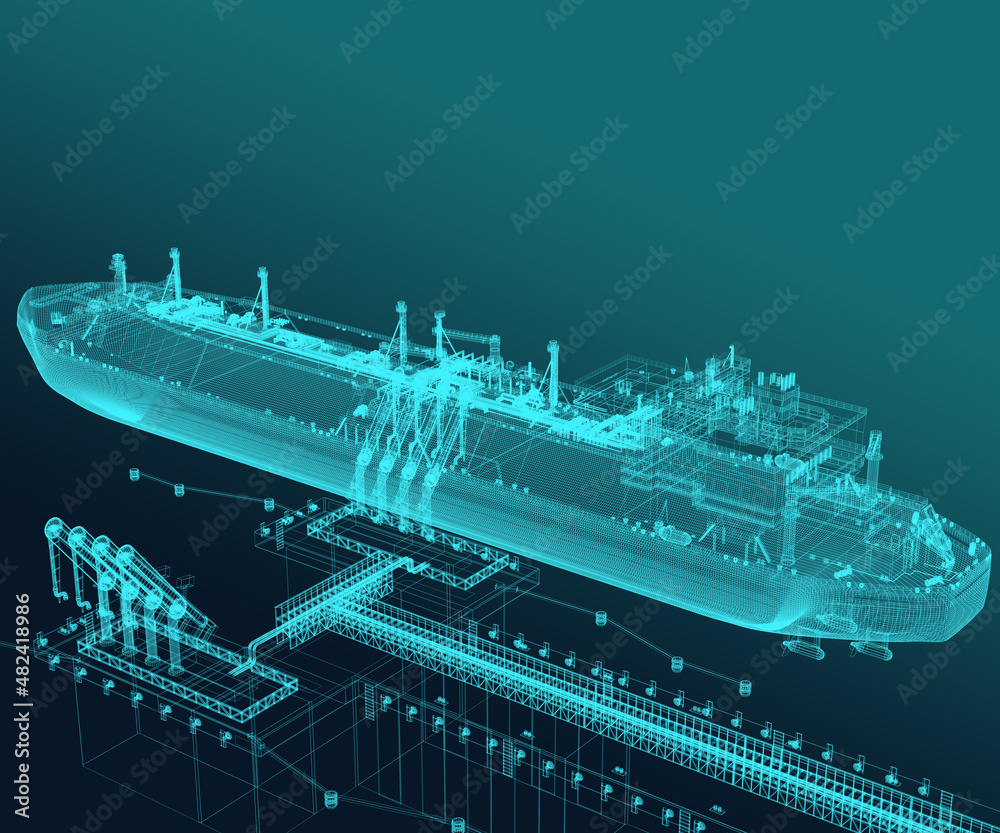 Obraz premium Gas carrier at the Berth. Neon Scheme. 3d-rendering