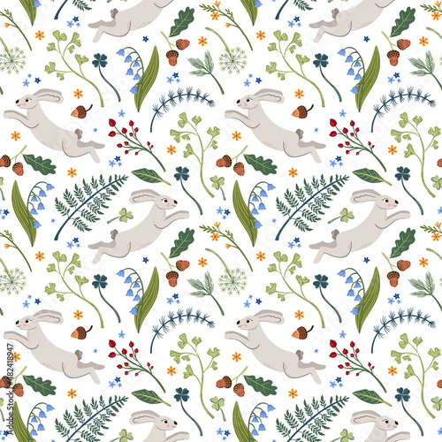 Forest seamless vector pattern with rabbit and florals on white background. Woodland nature wallpaper design