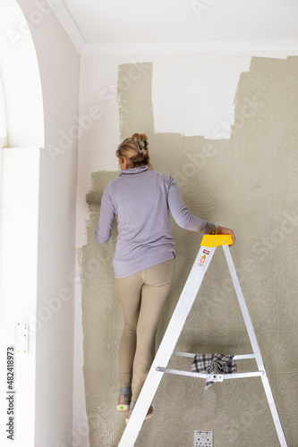 A woman on a ladder using a paint roller, decorating a room photo