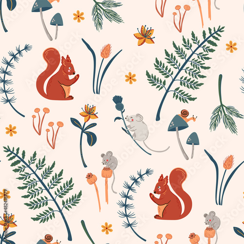 Forest seamless pattern with field mice, squirrel and floral elements. Woodland nature background