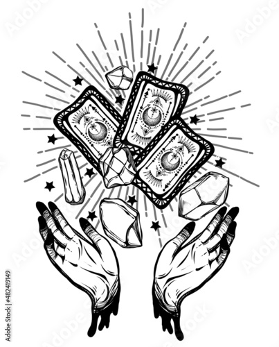 Vector illustration, magic crystals, tarot cards in hand, spirituality and occultism, Handmade, tattoo, print on t-shirt