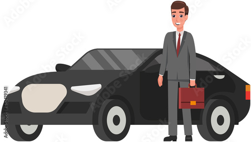 Man working in field of business stands with briefcase. Smiling businessman in suit with tie next to his personal transport. Male character in business suit, entrepreneur near expensive black car