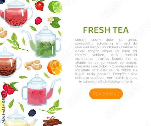 Organic tea card with text. Herbal healthy drink, aromatherapy, homeopathy brochure. Tea shop, organic product advertising, packaging vector illustration