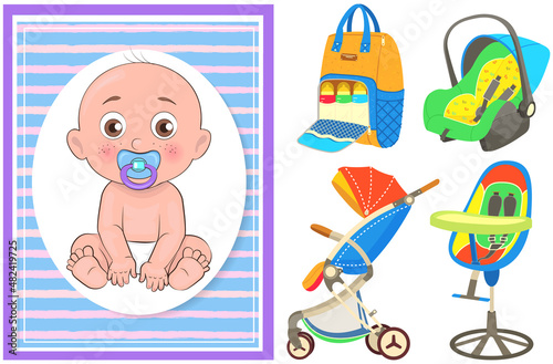 Multinational children, kids playing, baby care objects, newborn items supplies, set of icons. Toys, clothes, devices for transporting, bathing of babies. Babies in diapers crawling, smiling