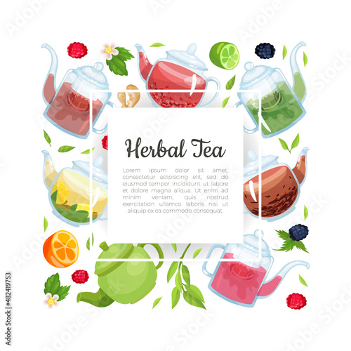 Herbal tea card with place for text. Healthy drink, aromatherapy, homeopathy banner. Tea shop, organic product advertising, packaging design