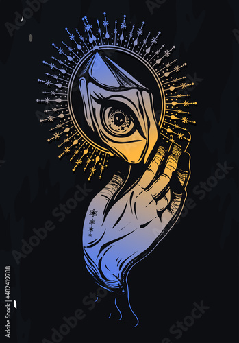 Vector illustration, magic eye in the crystal, mystical hand, spirituality and occultism, Handmade, print, background  chalkboard