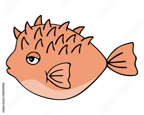 Fish ball. Coral fish. Colored vector illustration. A spiny fish with fins and a tail. Ocean dweller with thorns. Sea puffer. Cartoon style. Isolated background. Idea for web design, books.