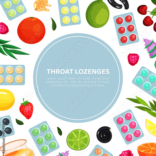 Throat lozenges banner template. Advertising, packaging design. Sore throat remedy flavored of different tastes vector illustration