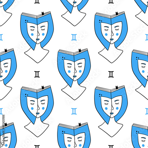 Gemini zodiac sign girl vector seamless pattern background for astrology, horoscope design.

