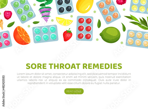 Lozenges landing page template. Sore throat treatment web banner with text vector illustration