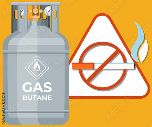 Gas cylinder, canister with fuel storage. Balloon with flammable sign near no smoking warning. Metal tank with liquefied compressed butane. Pressurized gas cylinder with flammable substance
