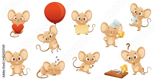 Cute little mouse doing various activities set. Funny brown baby animal character vector illustration photo