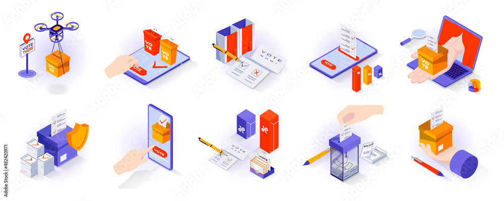 Election and voting concept isometric 3d icons set. E-voting at mobile app or computer, ballot box, candidate lists, results, election security, isometry isolated collection. Vector illustration