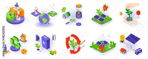 Eco lifestyle concept isometric 3d icons set. Alternative energy sources, climate change, nature and ecology protection, recycling and waste sorting, isometry isolated collection. Vector illustration