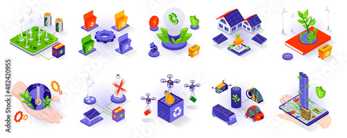 Eco lifestyle concept isometric 3d icons set. Environmental protection, eco friendly technology, green renewable energy, smart home and electric cars, isometry isolated collection. Vector illustration