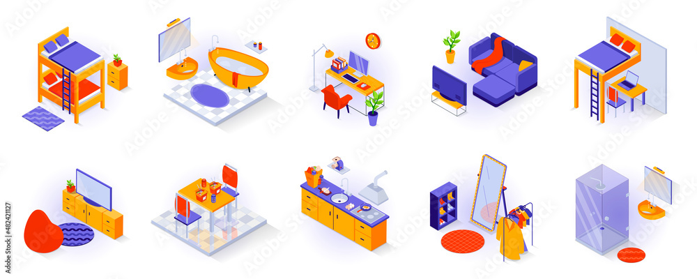 Home interiors elements concept isometric 3d icons set. Furnished rooms isometry isolated collection. Bedroom, bathroom, living room, childs room, kitchen, wardrobe and other. Vector illustration