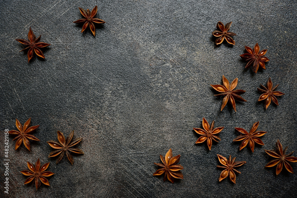 Food background with anise stasr. Top view with copy space. Food background with anise stasr. Top view with copy space.