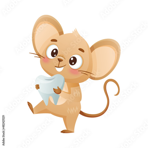 Cute little mouse carrying human tooth. Adorable funny baby animal character cartoon vector illustration photo