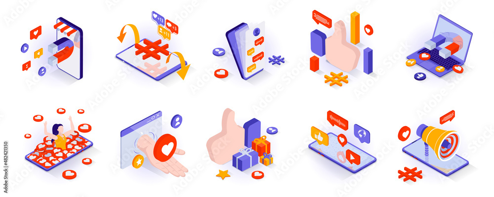 Social media concept isometric 3d icons set. Online communication and chats, attracting followers and blogging, promotion and digital marketing, isometry isolated collection. Vector illustration Social media concept isometric 3d icons set. Online communication and chats, attracting followers and blogging, promotion and digital marketing, isometry isolated collection. Vector illustration