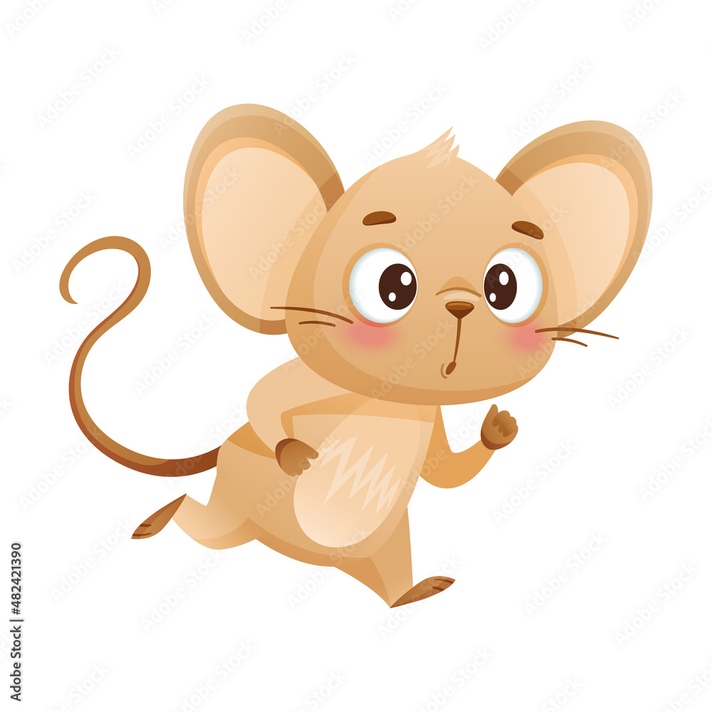 Obraz premium Cute little mouse running in hurry. Adorable funny baby animal character cartoon vector illustration