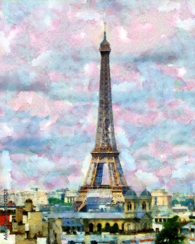 Beautiful places in Paris. Colourful views of Paris. Famous outdoor touristic scenes Paris. Large size painting. Hand drawn artwork with oil brush strokes and canvas texture. Card  background  cover. 
