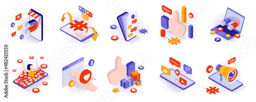 Social media concept isometric 3d icons set. Online communication and chats, attracting followers and blogging, promotion and digital marketing, isometry isolated collection. Vector illustration