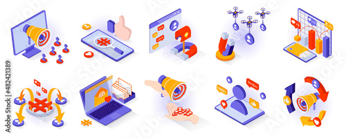 Social media concept isometric 3d icons set. Online promotion, digital marketing, active users networking, email newsletters, audience attraction, isometry isolated collection. Vector illustration