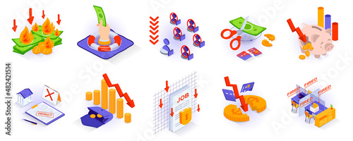 Unemployment and crisis concept isometric 3d icons set. Bankruptcy and loss of money savings, job loss, financial crisis at company, default, debts, isometry isolated collection. Vector illustration