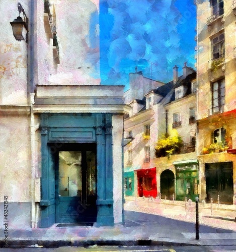 Beautiful places in Paris. Colourful views of Paris. Famous outdoor touristic scenes Paris. Large size painting. Hand drawn artwork with oil brush strokes and canvas texture. Card, background, cover. 