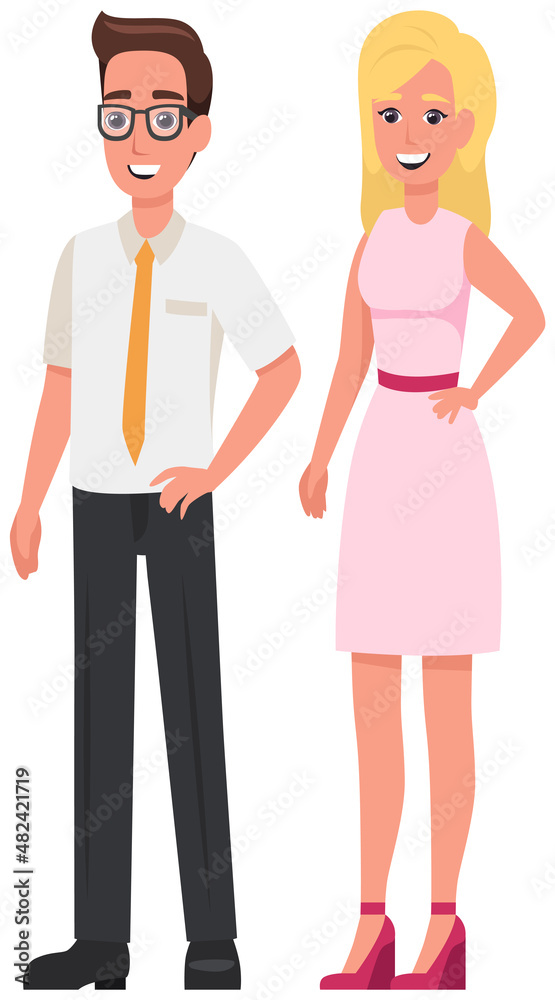Lovely mature couple man and woman smiling stand side by side together isolated on white background. Businessman and businesswoman, cute girl wearing dress, happy people colleagues in casual clothing Lovely mature couple man and woman smiling stand side by side together isolated on white background. Businessman and businesswoman, cute girl wearing dress, happy people colleagues in casual clothing
